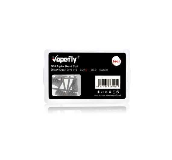 Vapefly 6 Coils with Cotton - N80 Alpha Braid 0.25 Ohm (26ga+40ga*3(=)*16) Vapefly 6 Coils with Cotton - N80 Alpha Braid 0.25 Ohm (26ga+40ga*3(=)*16)