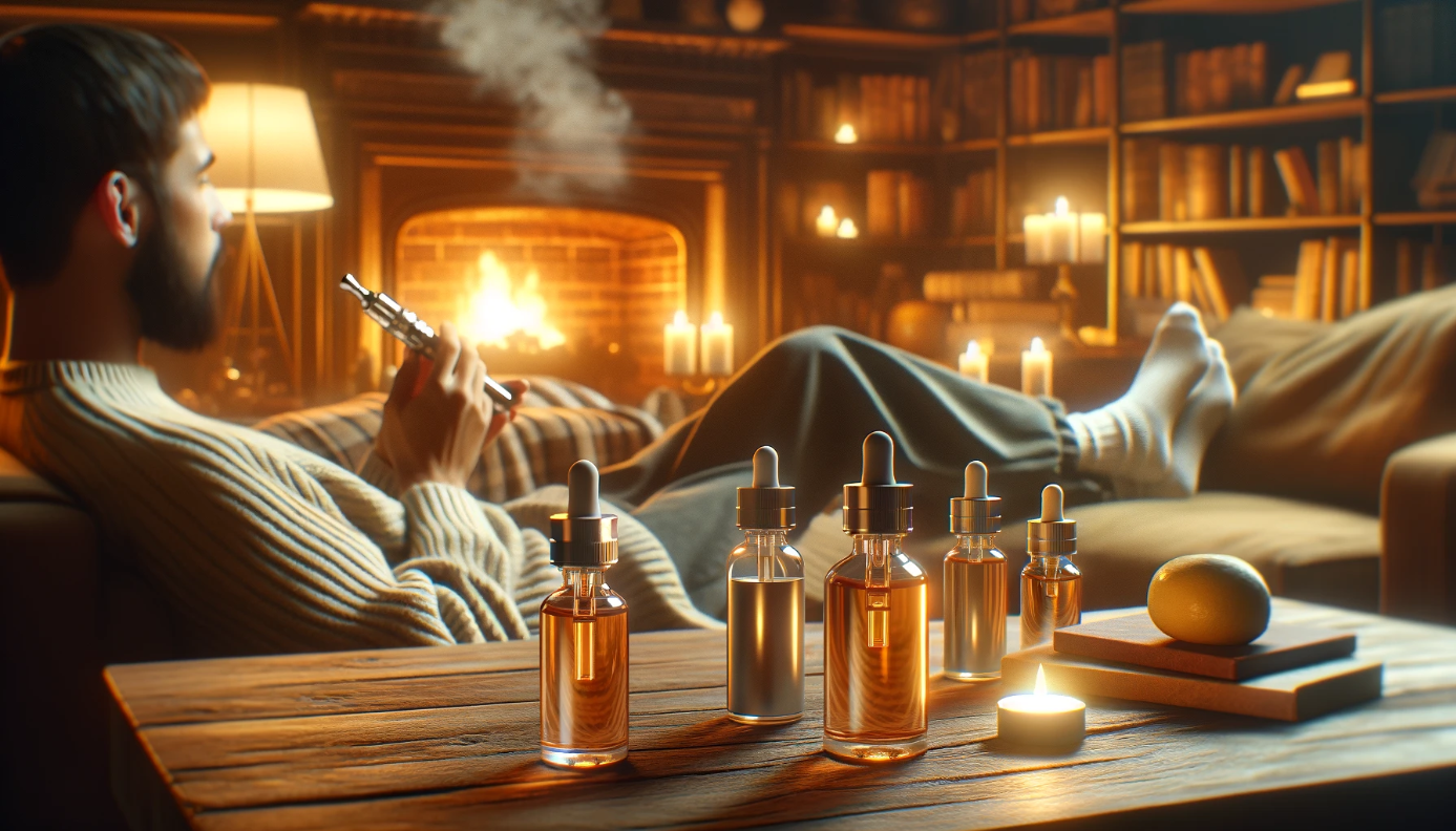 Wohnzimmerkomfort mit E-Zigarette und E-Liquid-Flaschen Ein einladendes Wohnzimmer mit einer Person, die auf einem Sofa sitzt und eine E-Zigarette genießt. Auf dem Couchtisch befinden sich E-Liquid-Flaschen mit unterschiedlichen Nikotinstärken.