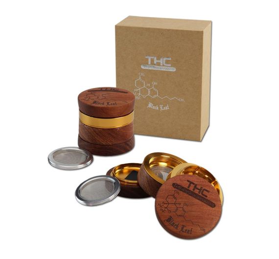 Black Leaf - Grinder THC 4 parti - alluminio/legno Black Leaf - Grinder THC 4 parti - alluminio/legno