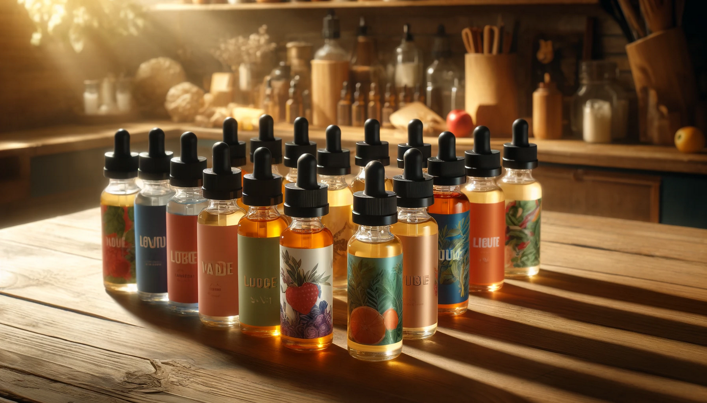 Bunte E-Zigaretten-Aromaflaschen auf Holztisch Ein gemütliches Foto mit einer Vielzahl von bunten E-Zigaretten-Aromaflaschen, die ordentlich auf einem Holztisch arrangiert sind.
