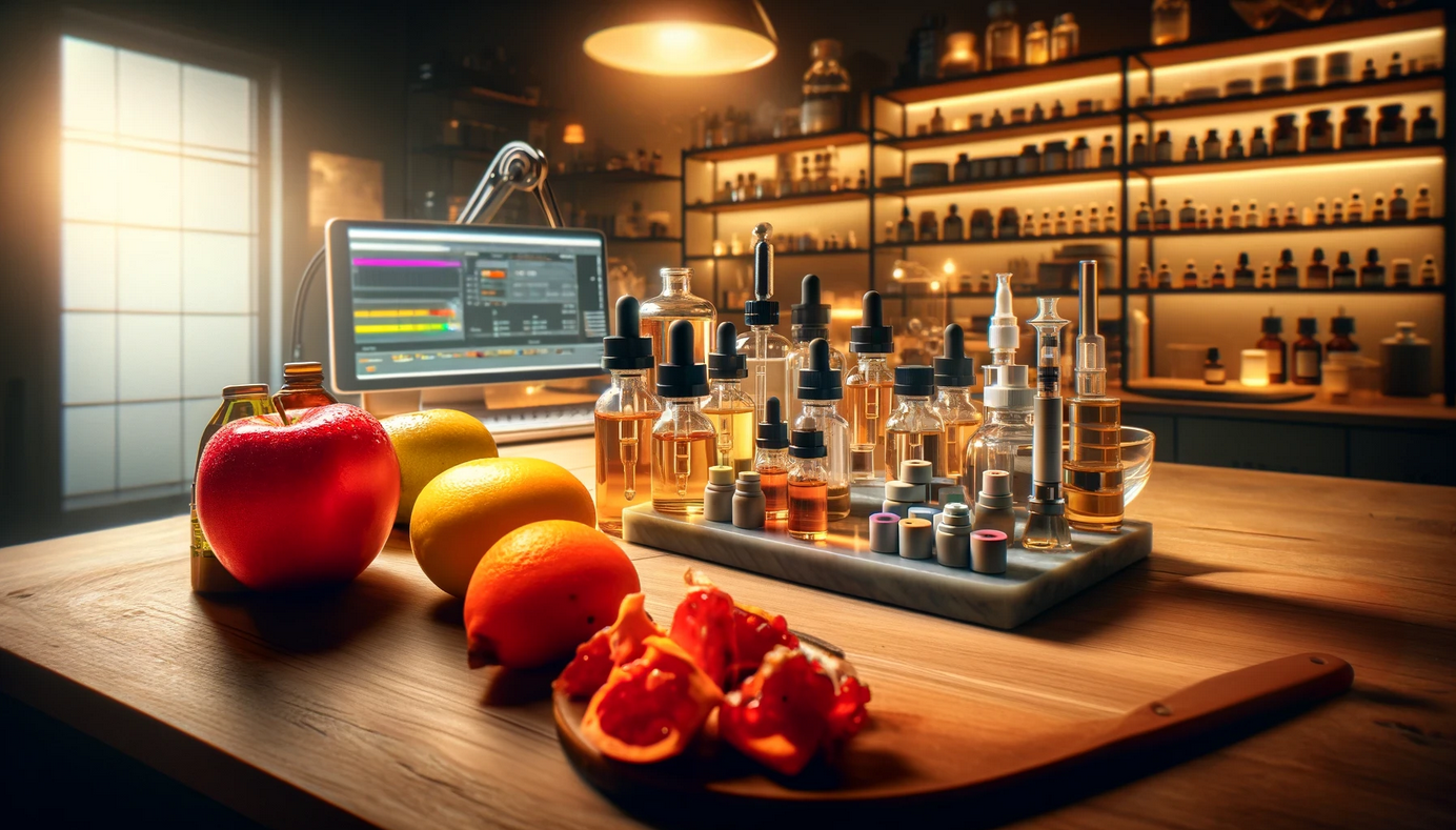 DIY E-Liquid-Mischsetup mit natürlichen Aromen Warmes, einladendes Licht beleuchtet den Arbeitsplatz und hebt die farbenfrohen und natürlichen Elemente hervor. Im Hintergrund ist eine gemütliche Heimlabor-Umgebung mit Regalen voller Zutaten zu sehen.