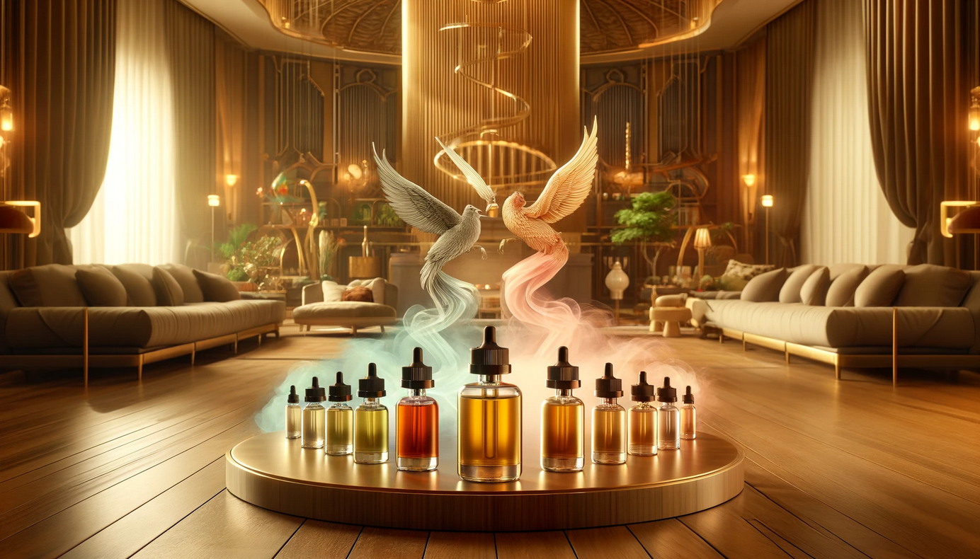 Moderner Wohnbereich mit E-Liquids - Harmonie von PG und VG Moderner und eleganter Wohnbereich im Innenraum mit verschiedenen Fläschchen von E-Liquids auf einem Tisch, die Harmonie und Balance zwischen PG und VG darstellen. Warme Beleuchtung und natürliche Farbtöne.