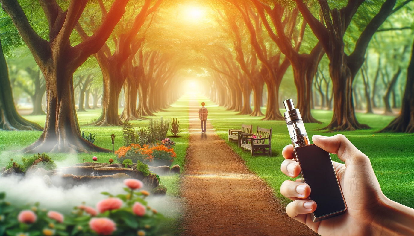 Ruhiger Park in der Natur - Dampfen im Einklang mit der Natur Ruhiger Park in der Natur mit einem von Bäumen und Blumen gesäumten Weg, eine Person genießt entspannt das Dampfen. Symbolisiert die Wahl zwischen Genuss und Risiko. Sanftes Tageslicht und lebendige Farben.