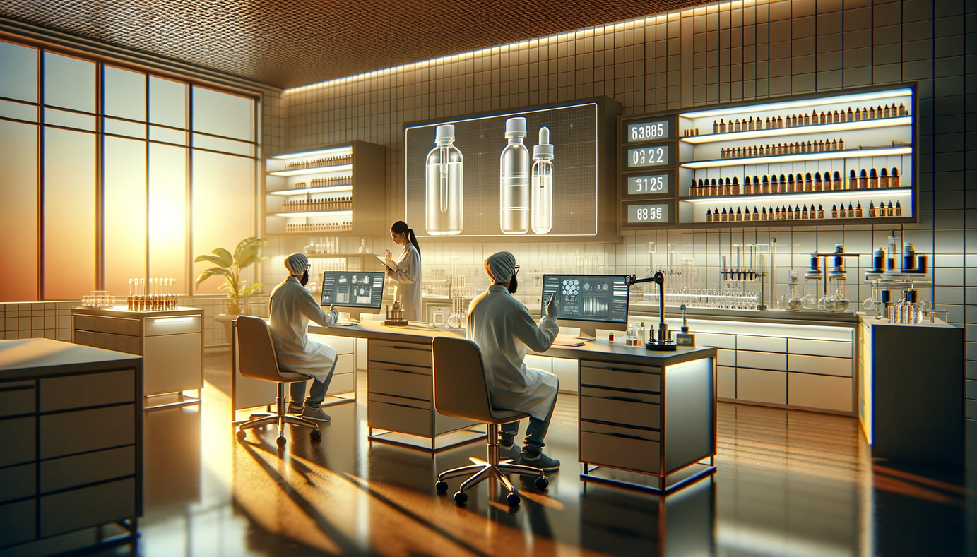 Moderner Laborraum - E-Liquids Testen und Analysieren Moderner Laborraum im Innenraum mit Wissenschaftlern, die E-Liquids testen und analysieren. Klare und sichere Arbeitsumgebung, warme Beleuchtung, professionelle und einladende Atmosphäre.