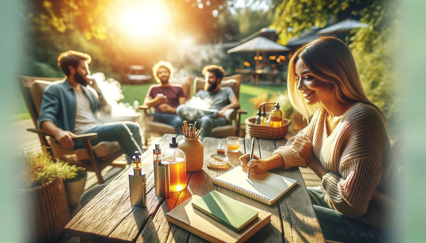 Sonnige Terrasse in der Natur - Diskussion über Vaping Sonnige Terrasse in der Natur mit Menschen, die entspannt sitzen und über Vaping diskutieren. Bücher und Notizblöcke liegen auf dem Tisch. Harmonische und einladende Atmosphäre, sanftes Tageslicht.