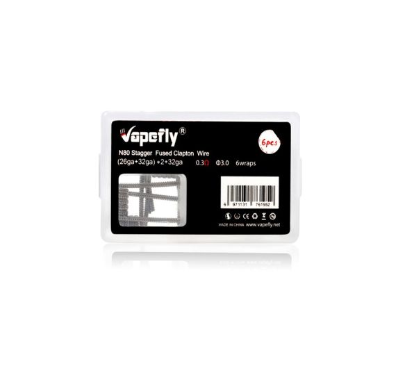 Vapefly 6 Stk. Coils und Watte - N80 Stagger Fused Clapton 0.3 Ohm (26ga+32ga)*2+32ga)