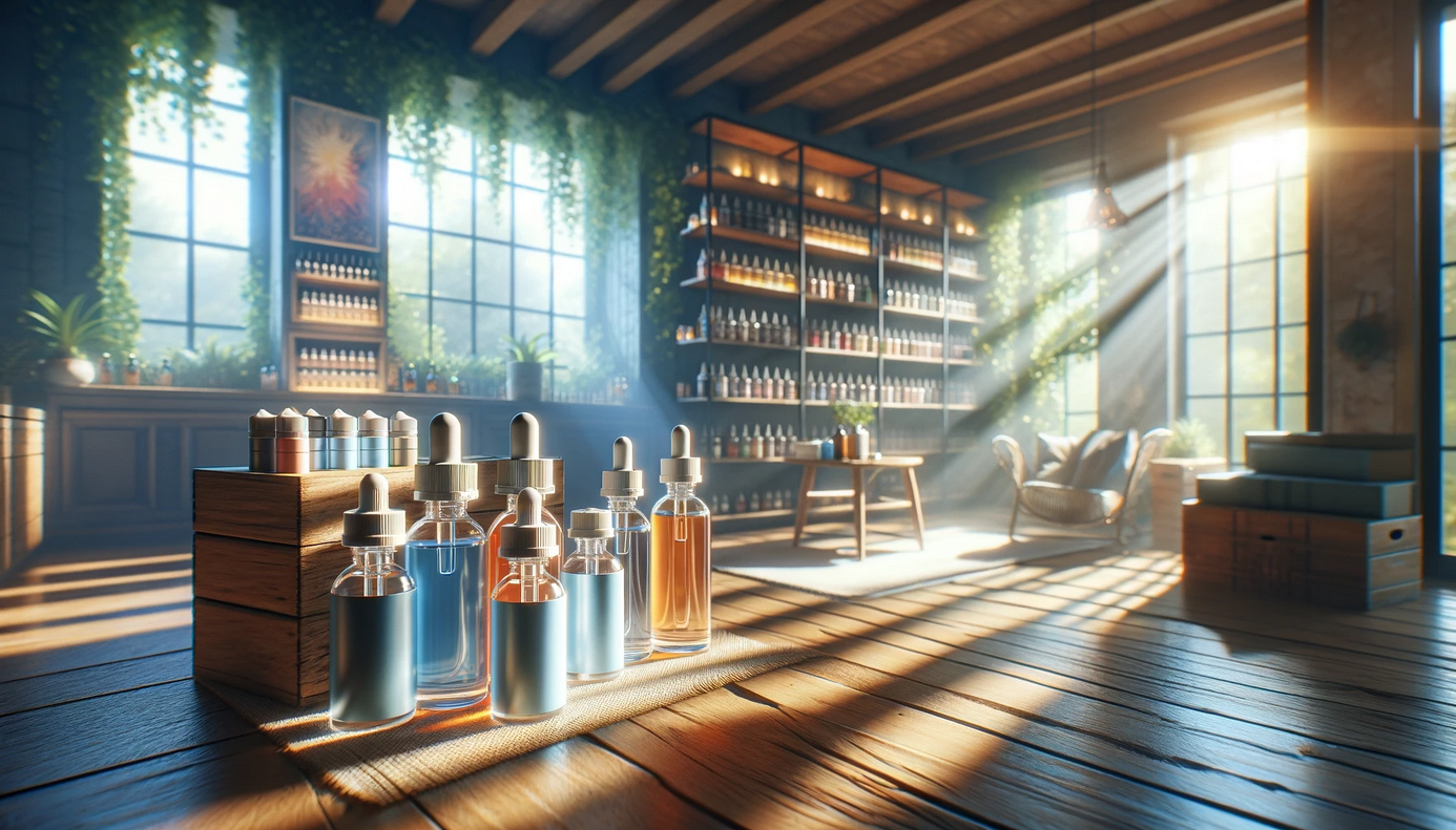 Flacons d’e-liquide dans un environnement frais et ombragé Photo haute résolution de flacons d’e-liquide sur des étagères en bois dans un intérieur chaleureux à l’éclairage indirect, mettant en avant la préservation de la qualité.