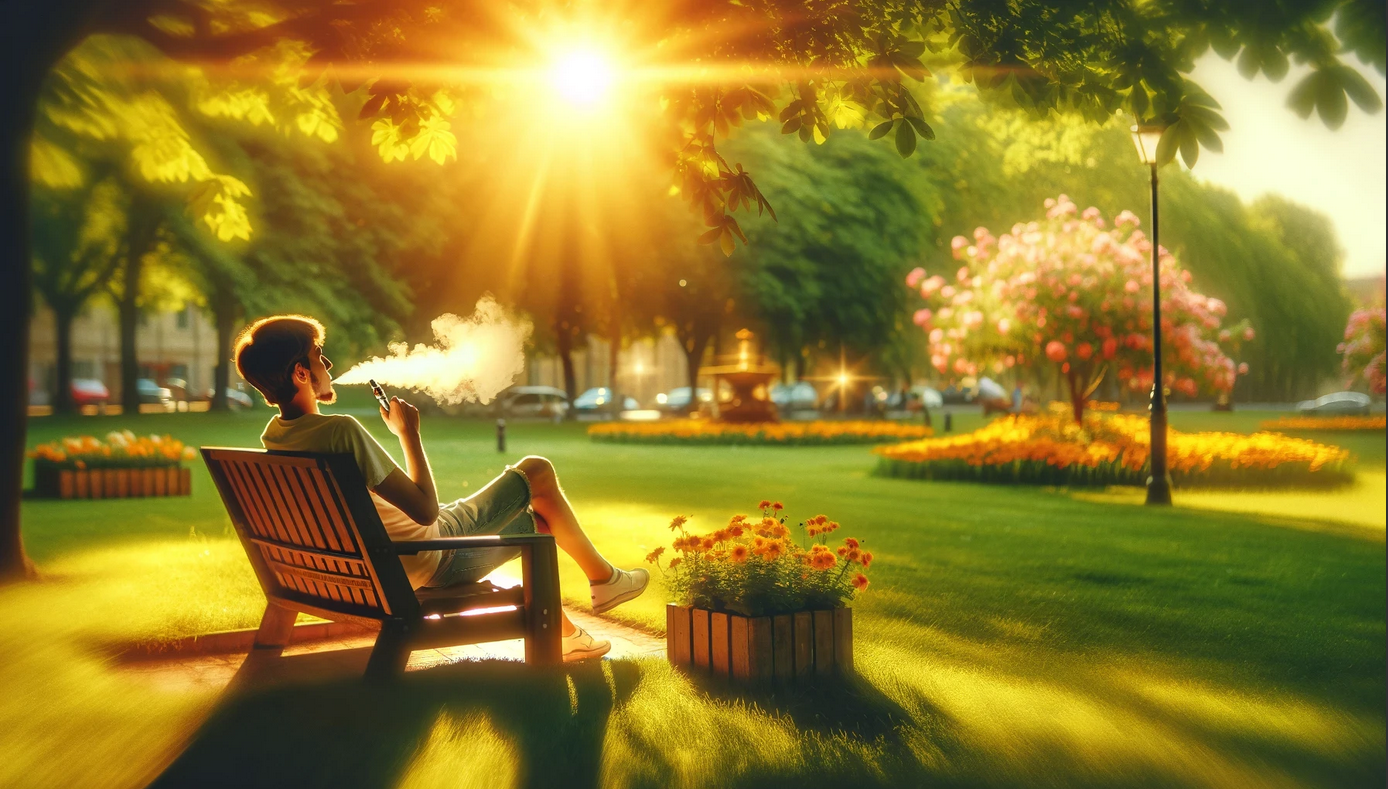 Scène de vape estivale dans un parc Photo spontanée haute résolution d’une personne qui vape à l’ombre dans un parc avec des fleurs et de l’herbe verte, mettant en avant la sécurité et le plaisir.